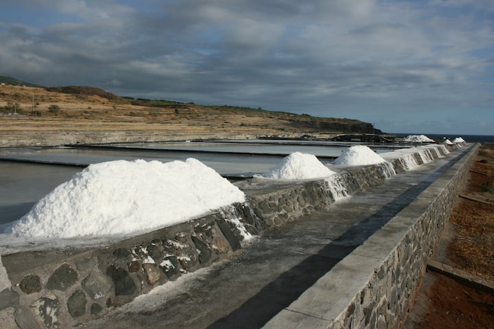 Tas de sel blanc alignés le long des bassins en pierre d’une saline côtière